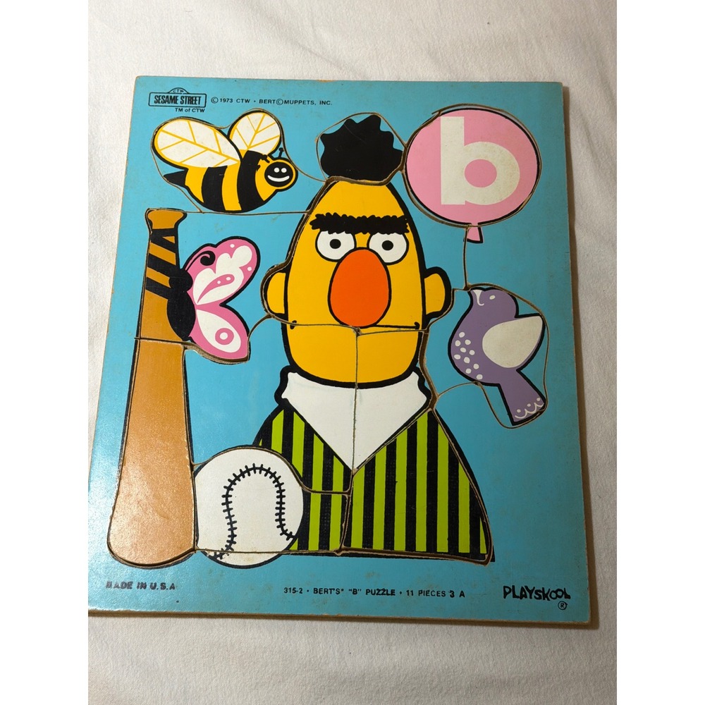 Vintage 1973 Sesame Street Playskool Bert B Puzzle 11 Piece Wood Tray 315-2